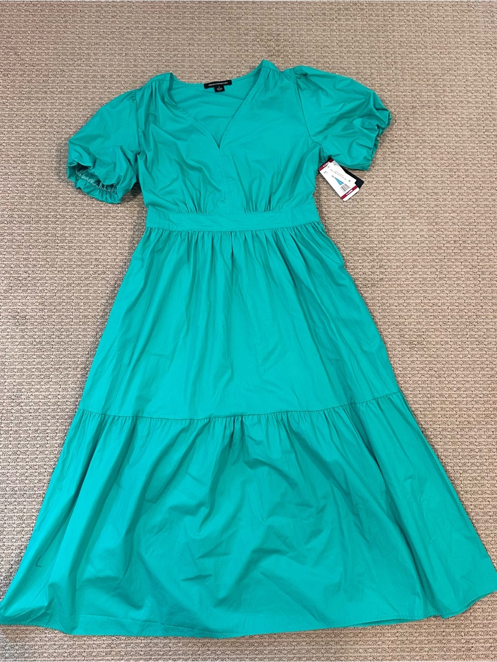 French Connection Teal Puff-Sleeve Tiered Midi Dress